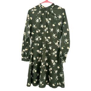 Banana Republic Sz 4 Dress Green White Floral High Neck Long Sleeve Fit &‎ Flare